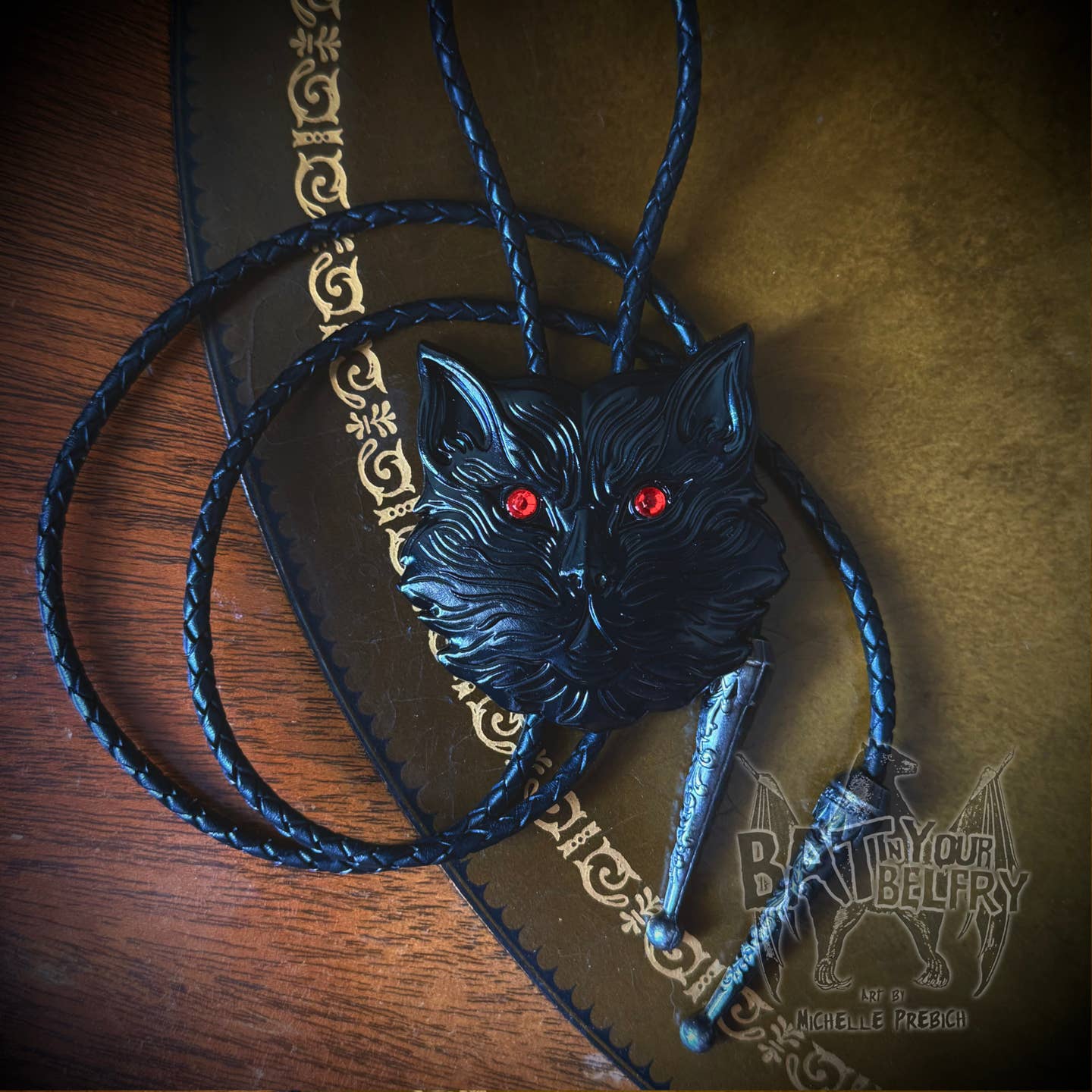 Black Cat with Ruby Eyes Bolo Tie